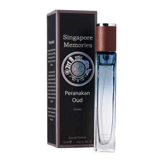 Singapore Perfume Collection peranakan oud in black color against a white background next to a corporate gift black box with singapore theme made and text singapore memories