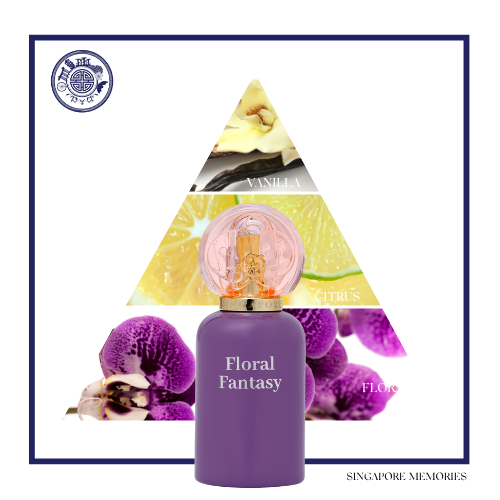 Floral Fantasy perfume bottle with triangular flavor diagram on a white background