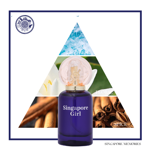 Blue perfume bottle labeled 'Singapore Girl' with triangular design elements and brand logo.