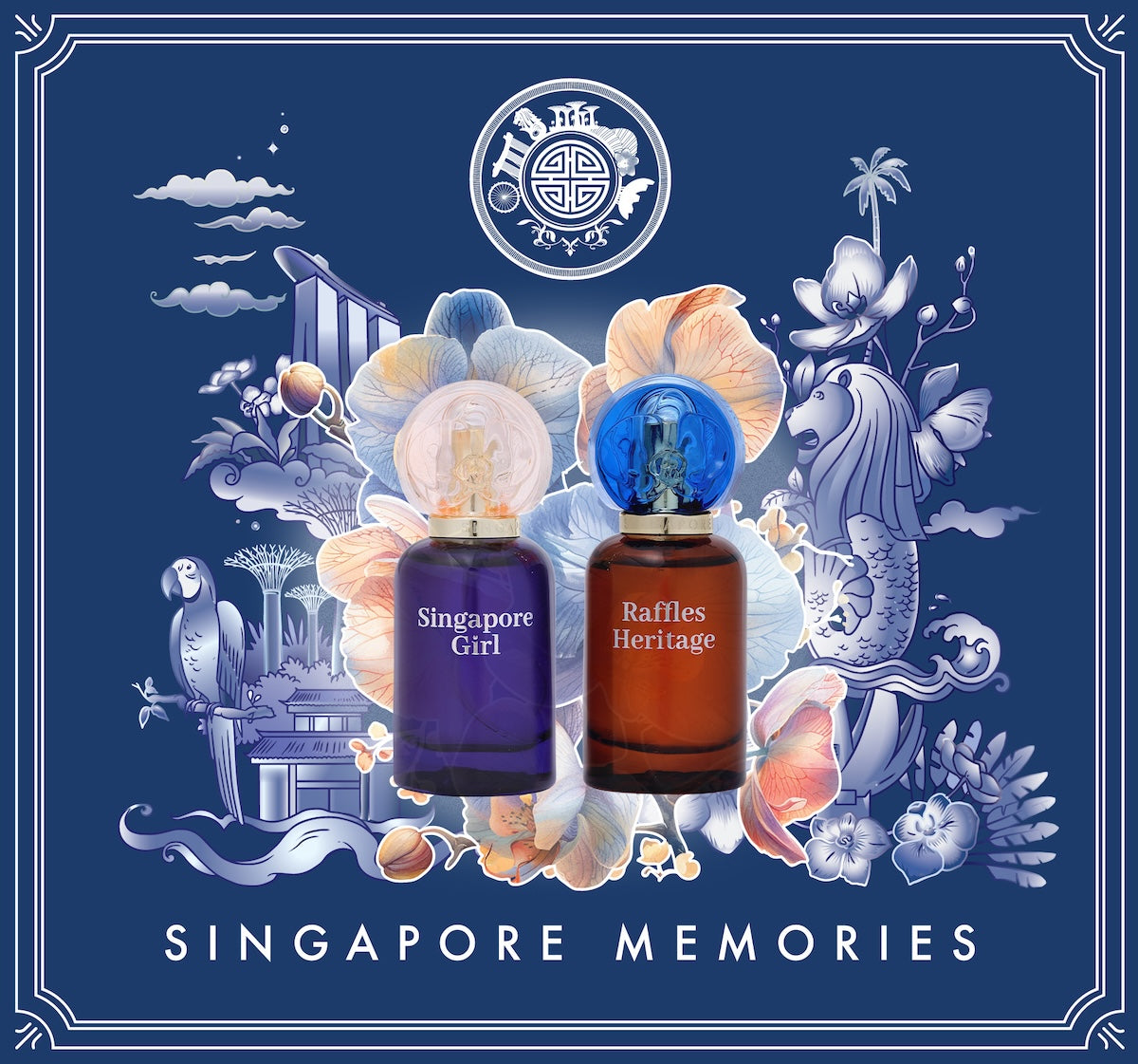 Two perfume bottles labeled 'Singapore Girl' and 'Raffles Heritage' on a decorative background with floral and architectural elements.