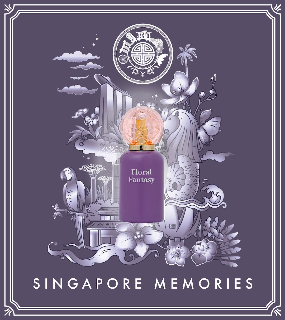 Perfume bottle labeled 'Floral Fantasy' with Singapore-themed illustration on a purple background
