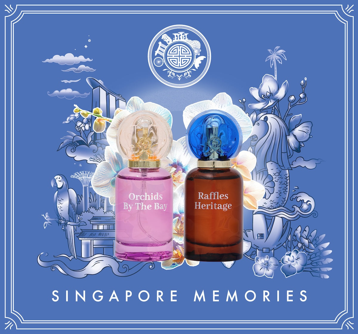 Two perfume bottles, 'Orchids By The Bay' and 'Raffles Heritage', on a decorative blue background with floral and architectural elements.