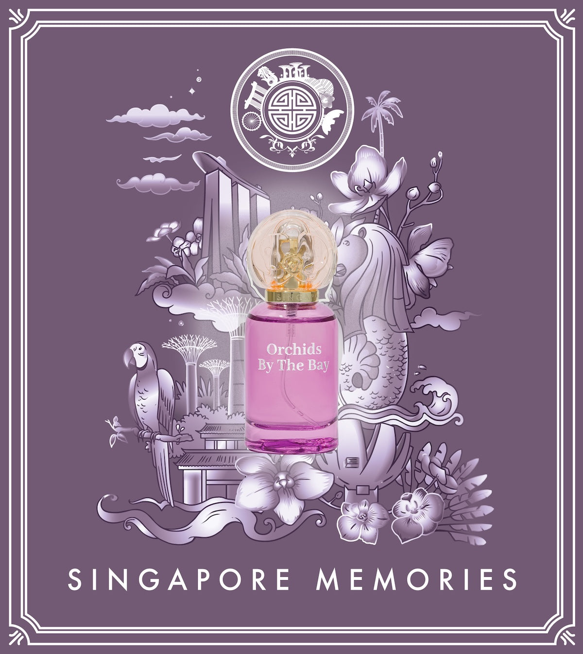 Perfume bottle labeled 'Orchids By The Bay' with Singapore-themed illustrations on a purple background