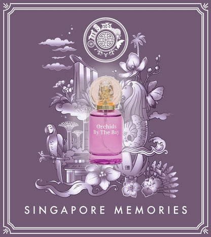 Perfume bottle labeled 'Orchids By The Bay' with Singapore-themed illustrations on a purple background