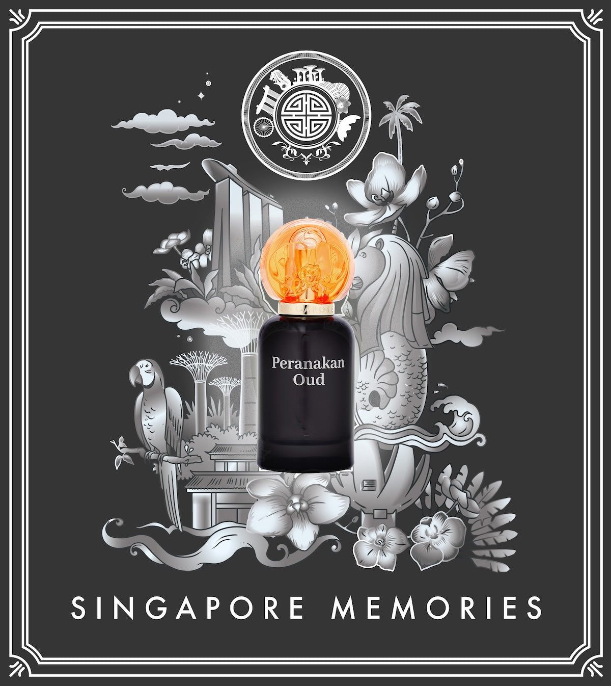 Peranakan Oud perfume bottle with Singapore-themed illustration on a dark background