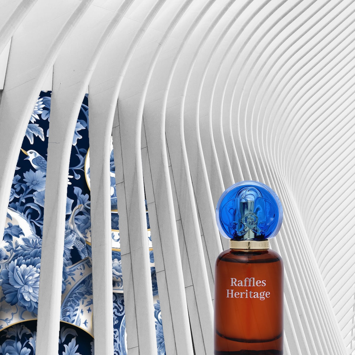 A bottle of raffles heritage scent in singapore building backdrop
