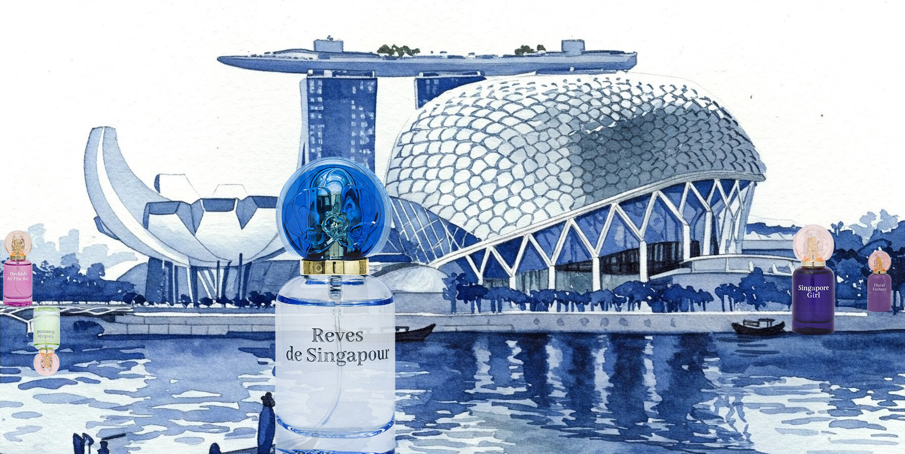 Perfume bottle with Singapore landmarks in the background