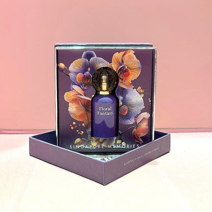 Floral Fantasy perfume by Singapore Memories – a women’s fragrance with patchouli, jasmine, peach, and woody floral accords, ideal as a Singapore souvenir gift.