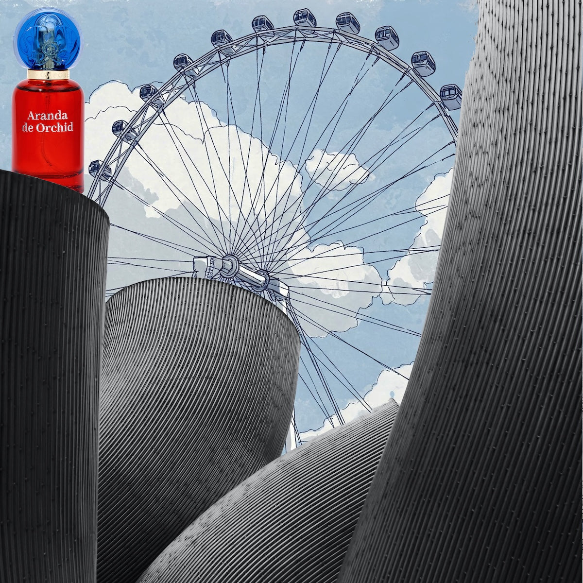 A red color perfume bottle for aranda de orchid in front of a building and singapore flyer