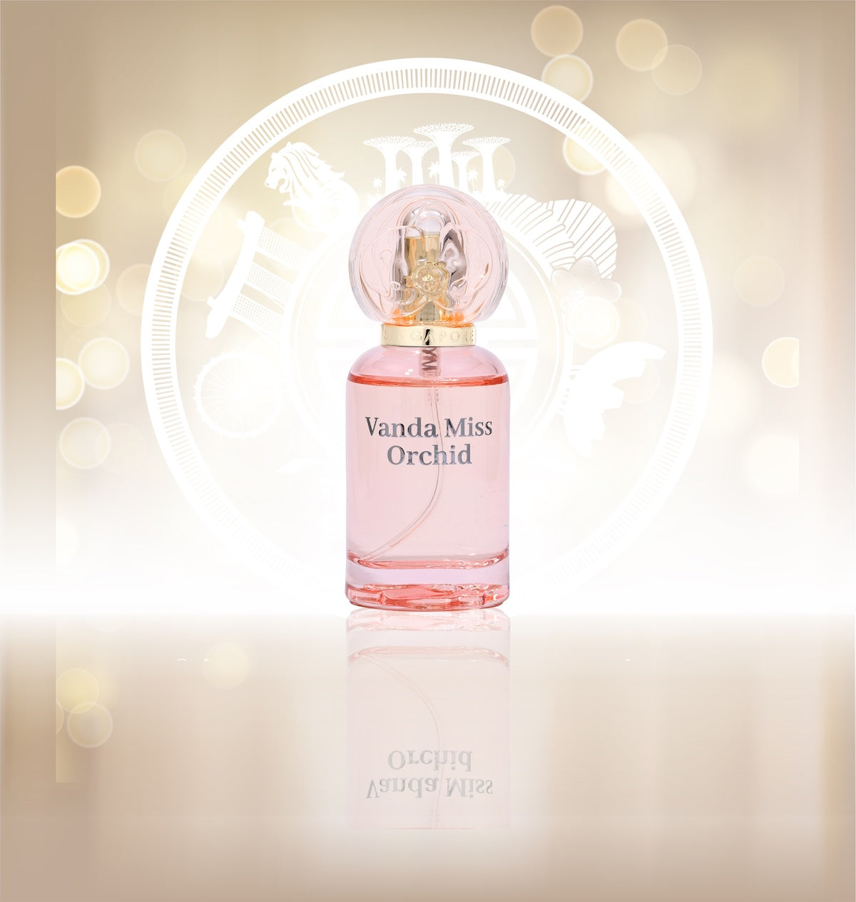 Vanda Miss Orchid perfume bottle on a soft background with Singapore memories logo
