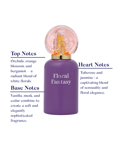 Purple perfume bottle labeled 'Floral Fantasy' with fragrance notes text on a white background