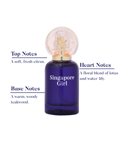 Blue perfume bottle labeled 'Singapore Girl' with notes description on a white background