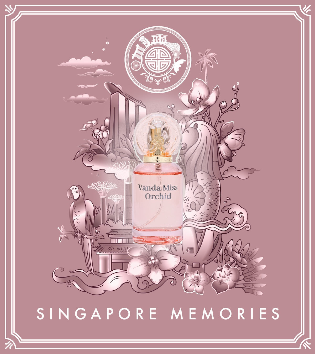 Perfume bottle labeled 'Vanda Miss Orchid' with decorative elements on a pink background