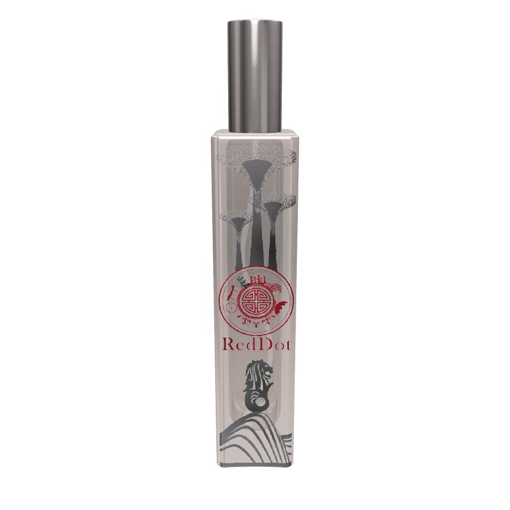 3d crystal perfume bottle with red dot text and design of merlion and other singapore symbols
