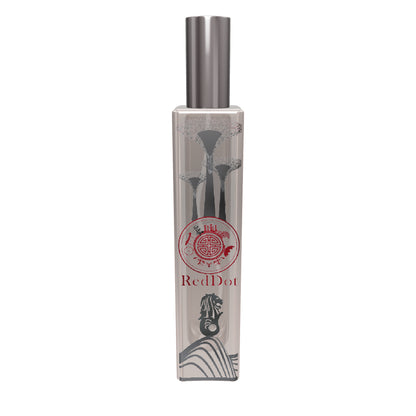 3d crystal perfume bottle with red dot text and design of merlion and other singapore symbols