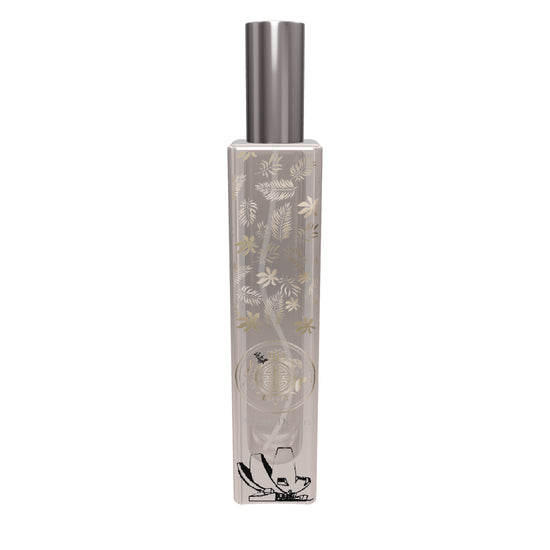 Elegant 3D model of a transparent cosmetic spray bottle with a sophisticated design featuring white and gold tropical leaves and flowers, showcasing the ‘Singapore Memories Allure Art’ brand logo.