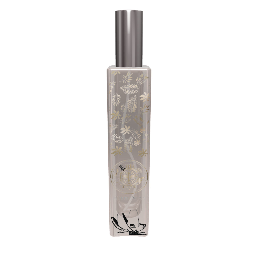 Elegant 3D model of a transparent cosmetic spray bottle with a sophisticated design featuring white and gold tropical leaves and flowers, showcasing the ‘Singapore Memories Allure Art’ brand logo.