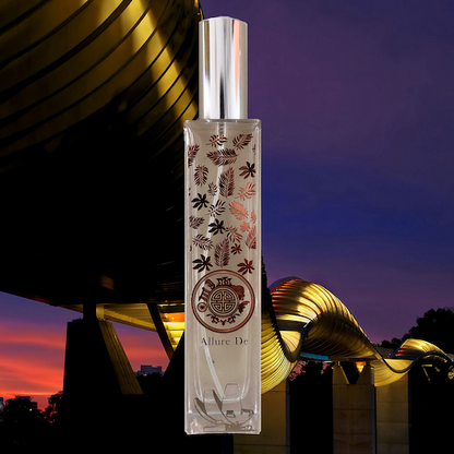 A modern building with green plant-filled balconies juxtaposed against a large, translucent perfume bottle adorned with intricate designs. The contrast in size and design creates an intriguing visual composition.