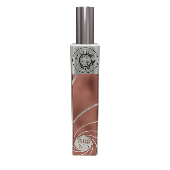 Elegant 3D-rendered perfume bottle with peach-colored liquid, featuring intricate design and ‘Ang Mo’ branding