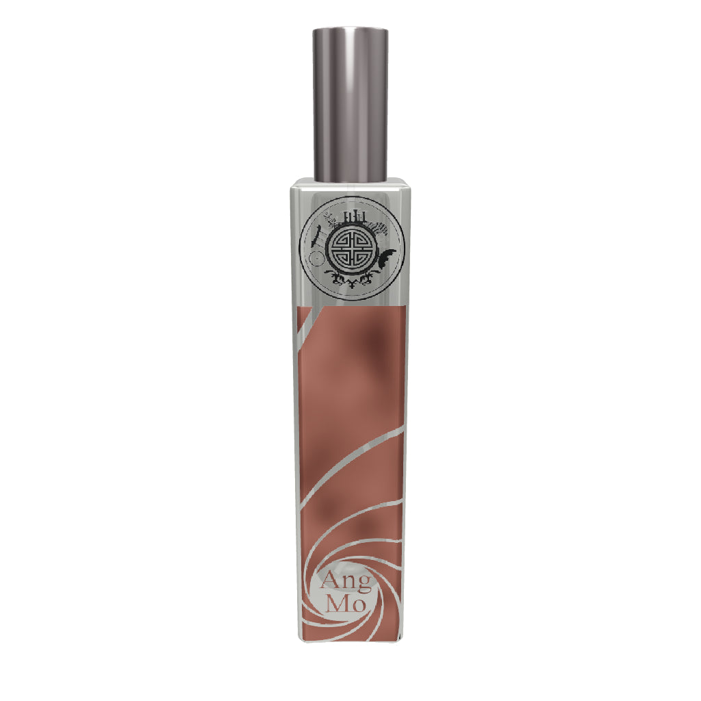 Elegant 3D-rendered perfume bottle with peach-colored liquid, featuring intricate design and ‘Ang Mo’ branding