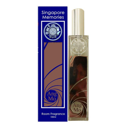 Elegant ‘Singapore Memories’ room fragrance named ‘Ang Mo’ in a tall, slender bottle with a spray nozzle, set against a blue gift box packaging in white background