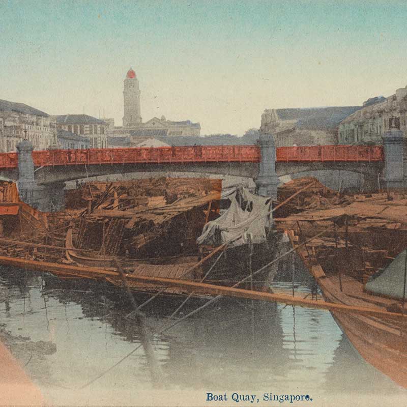Vintage image of Boat Quay in Singapore with boats and a bridge.