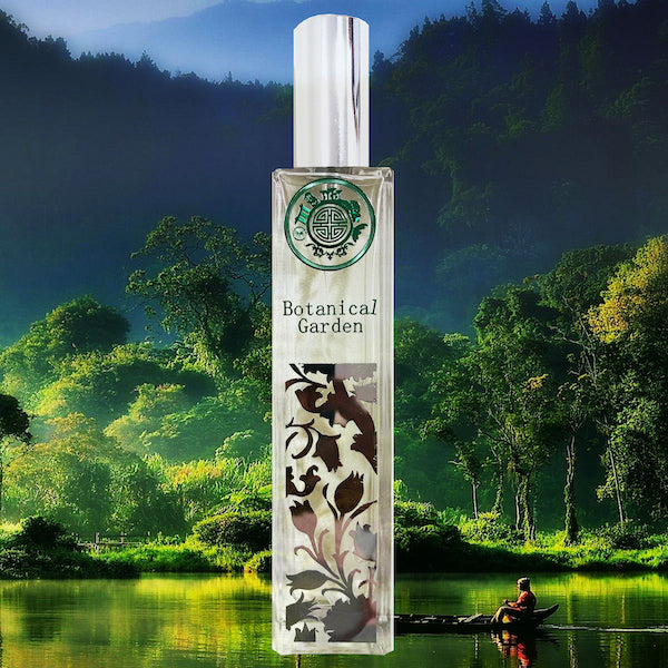 botanical garden scent bottle in front of karst, forest and lake