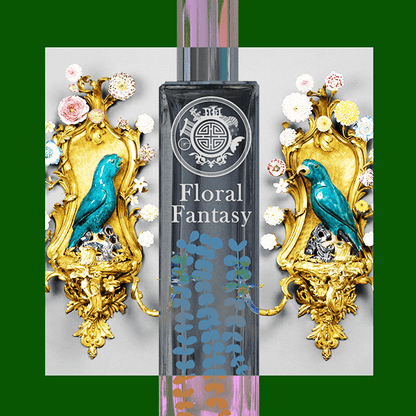 Perfume bottle labeled 'Floral Fantasy' with decorative gold and blue design on a white background