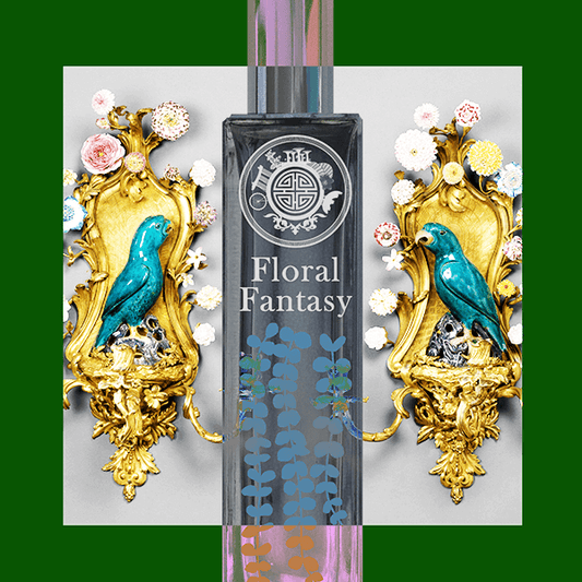 Perfume bottle labeled 'Floral Fantasy' with decorative gold and blue design on a white background