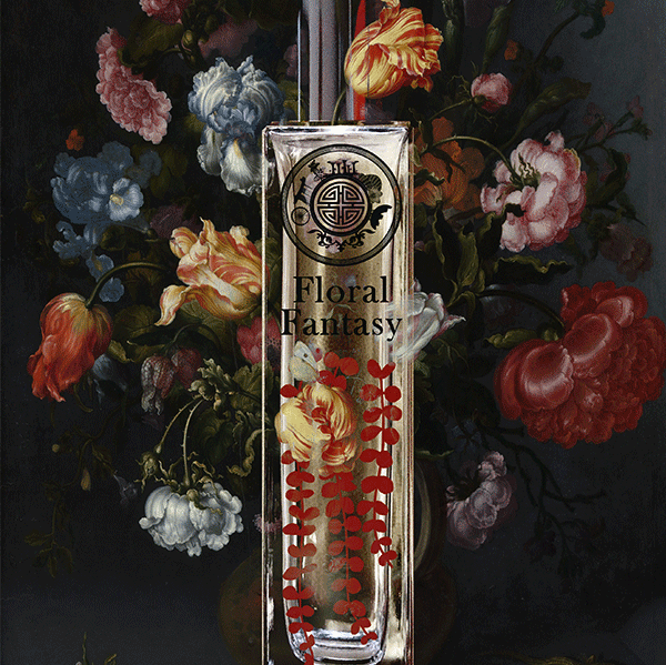 Perfume bottle labeled 'Floral Fantasy' with a floral background