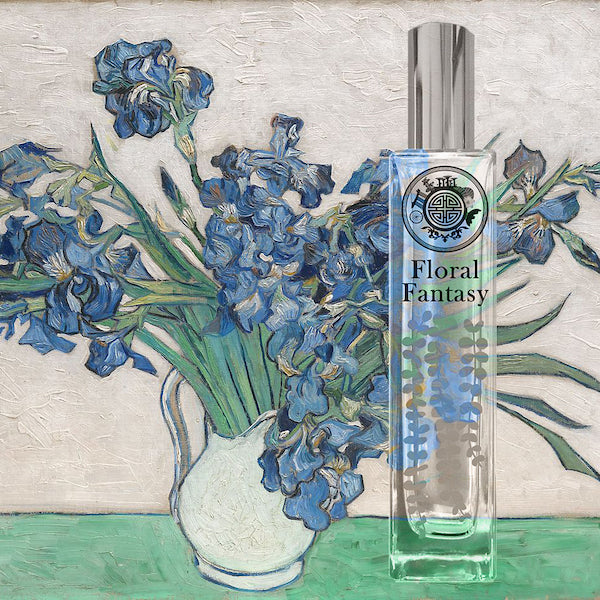 Floral fantasy aromatheraphy bottle with falling leaf pattern in front of van gogh painting of iris