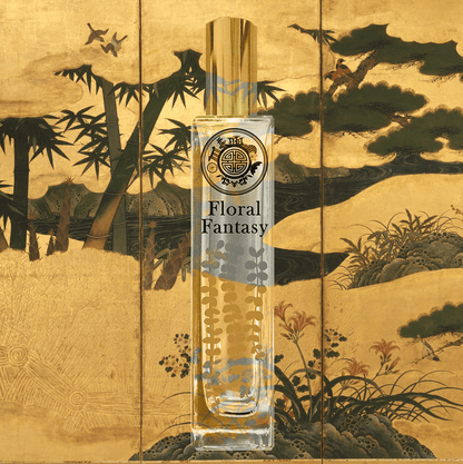 Perfume bottle labeled 'Floral Fantasy' against a decorative background with nature-themed artwork