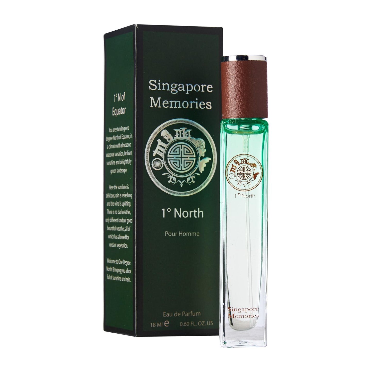 Singapore Orchid Perfume  1 ° North, by singapore memories in a light green transparent scent bottle with leather cap next to a green gift box on a white background