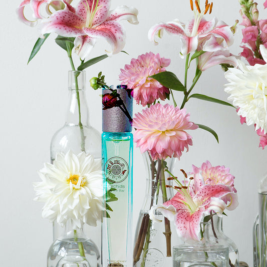 Singapore orchids by the bay Perfume in travel size in light blue bottle with pink and white flowers all around 