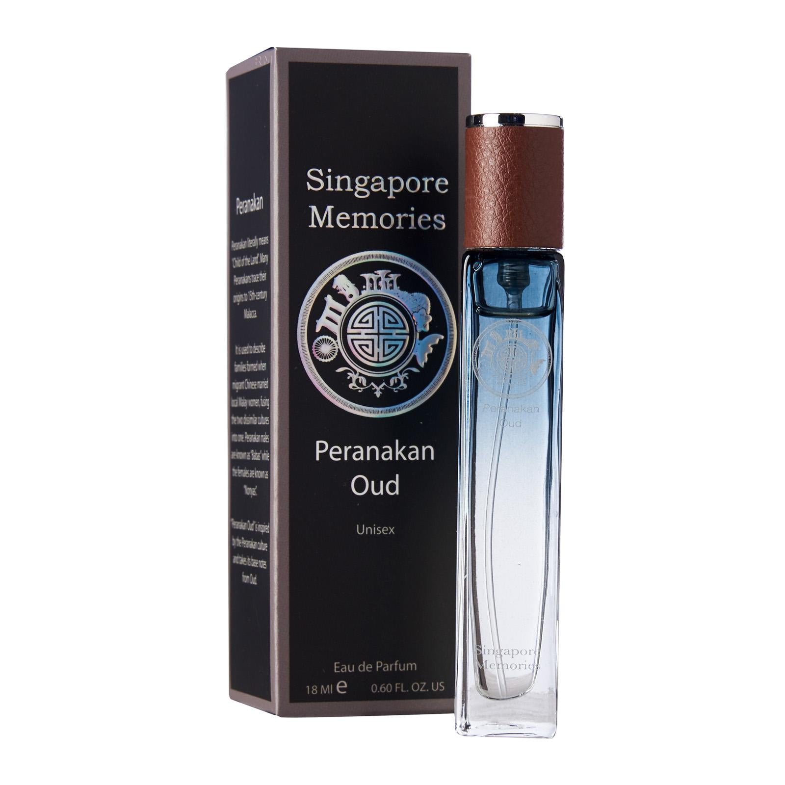 Singapore Perfume Collection peranakan oud in black color against a white background next to a  corporate gift black box with singapore theme made and text singapore memories