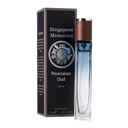 Singapore Memories Perfume Collection, Peranakan Oud black bottle next to a corporate gift black color box