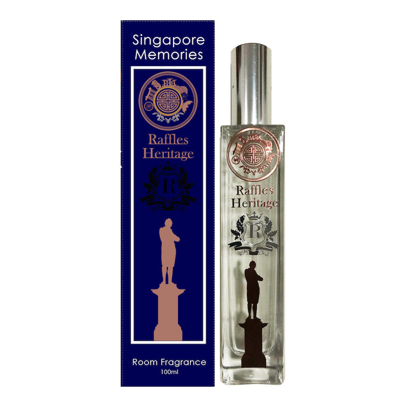 raffles perfume bottle with text and design, next to blue gift box with same theme, on white background