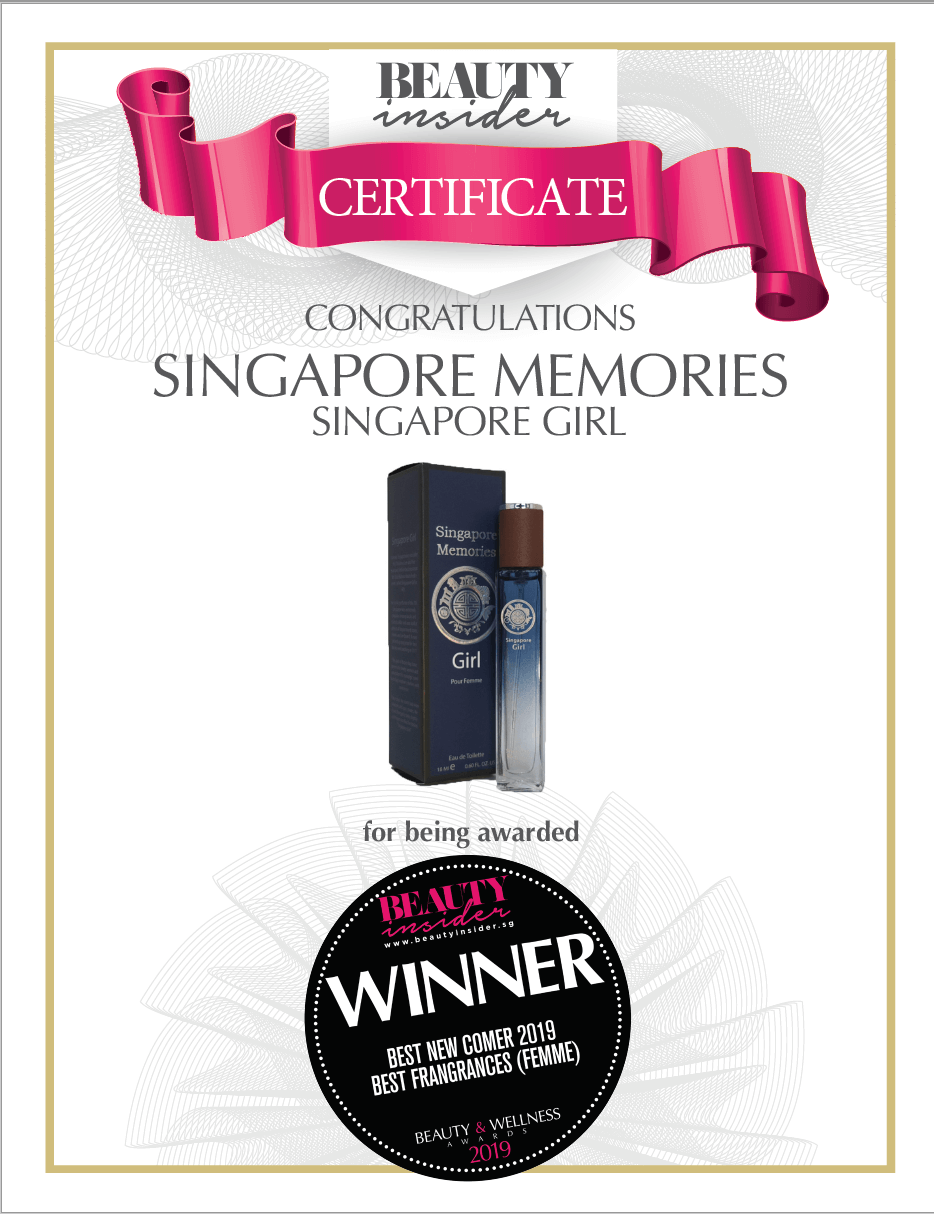 Certificate for Singapore Memories Singapore Girl fragrance with a pink ribbon and 'Beauty Insider' branding.