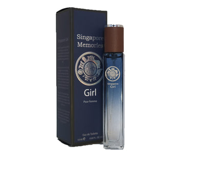 Singapore Memories perfume called Singapore Girl sg in blue bottle next to a corporate gift of blue color in white background
