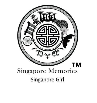 Singapore Girl trademark by singapore memories with a black and white circle logo featuring singapore motif such as marina bay sands, gardens by the bay, orchids, flyer and art science musuem