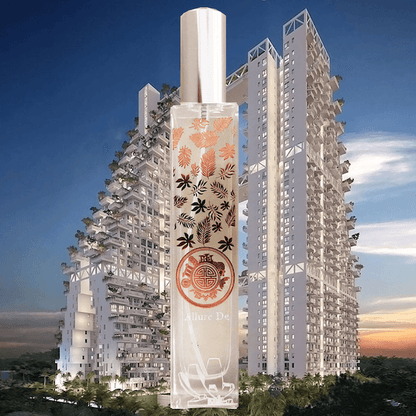 A modern building with green plant-filled balconies juxtaposed against a large, translucent perfume bottle adorned with intricate designs. The contrast in size and design creates an intriguing visual composition.