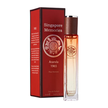 Aranda 1965 Homme, perfume in a red transparent bottle next to a red gift box by singapore memories on white background with a corporate style photography
