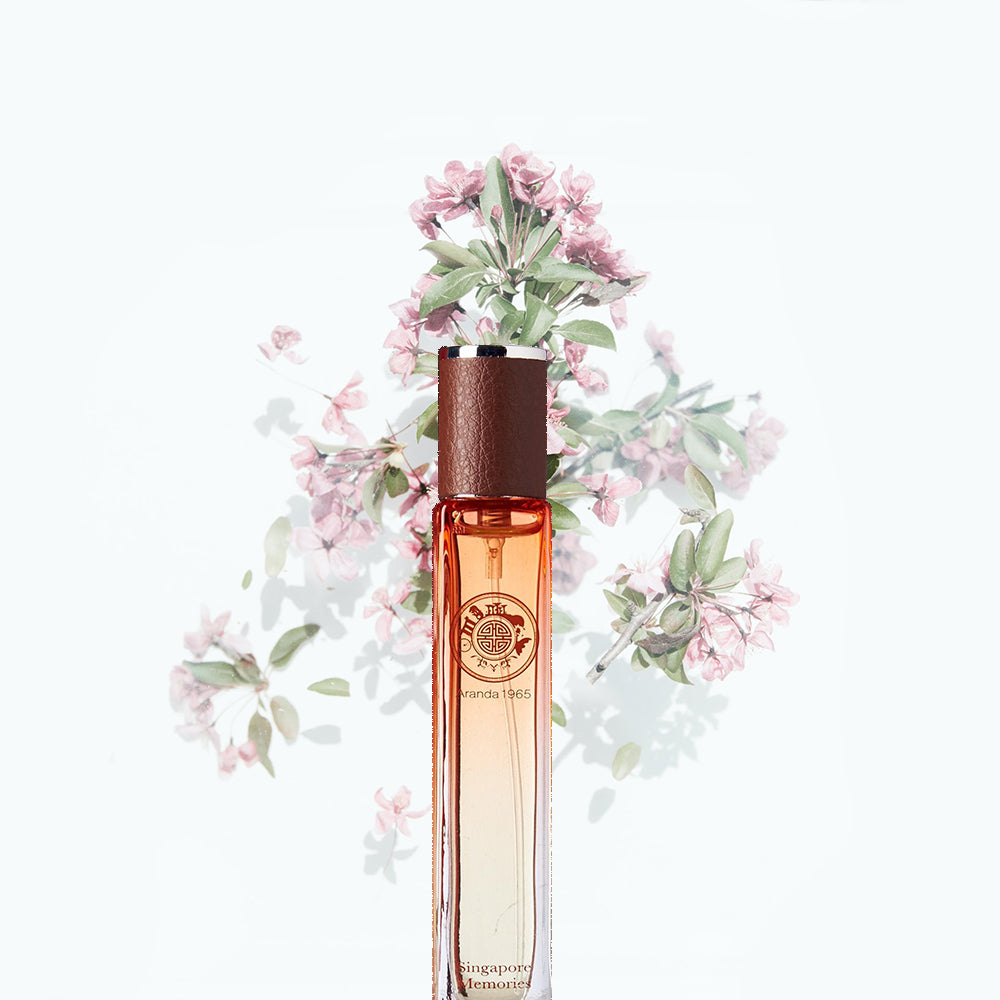  Aranda 1965 perfume in red glass bottle with orchid flowers all around on a white background