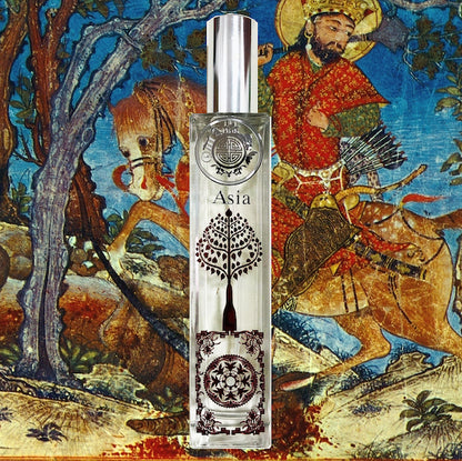 A glass bottle of 'Asia' fragrance with a decorative label, set against a nice background with a historical and cultural artwork.