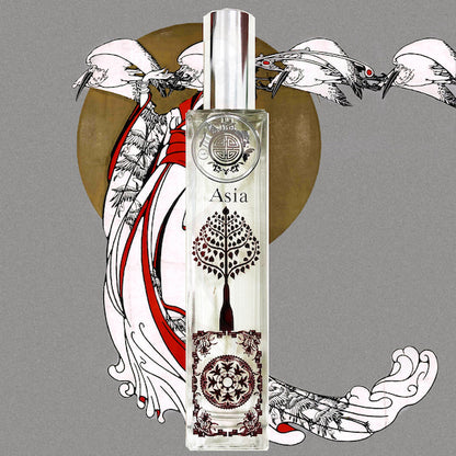 Asia perfume bottle with fine design in red color in front of a painting inspired by Chinease designs