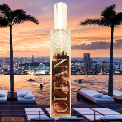 clean room fragrance bottle in front of pool with singapore skyline