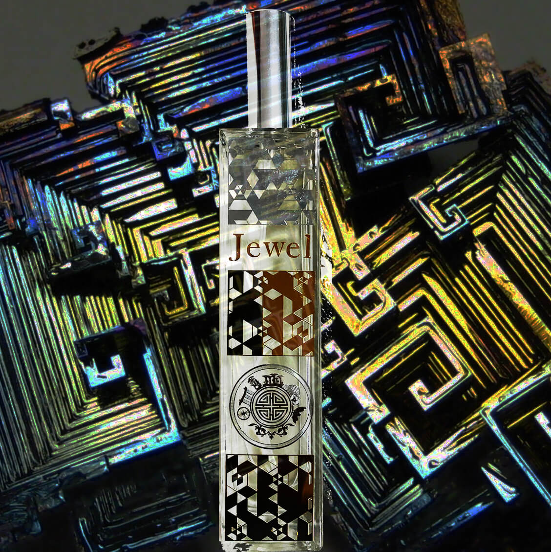 Product with 'Jewel' branding on a reflective, geometric-patterned background