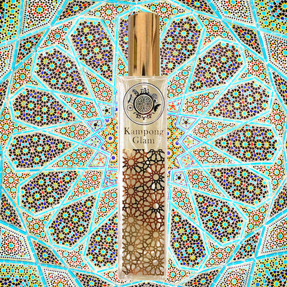 A bottle of Kampong Glam fragrance with a popular decorative pattern in arab street in the background. crystal bottle also has a circle logo with singapore themes