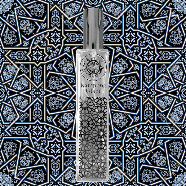 kampong glam fragrance in a gift-able crystal bottle, in front of popular peranakan design popular in indonesia, malaysia and arabic countries