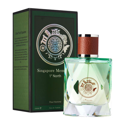 Singapore Orchid Perfume Collections- Singapore Memories , One Degree North gift box with singapore memories text behind. The circle logo contains merlion, gardens by the bay, singapore flyer in a circle